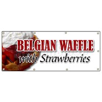 36"x96" BELGIAN WAFFLE WITH STRAWBERRIES BANNER SIGN whip cream breakfast