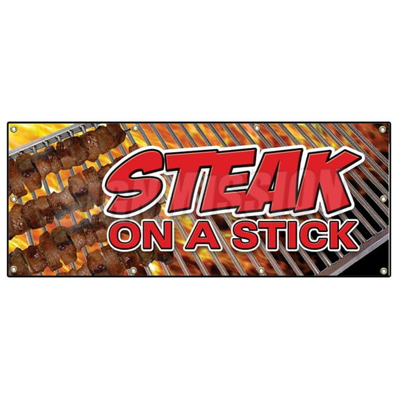 36"x96" STEAK ON A STICK BANNER SIGN meat steak beef bbq grill restaurant food