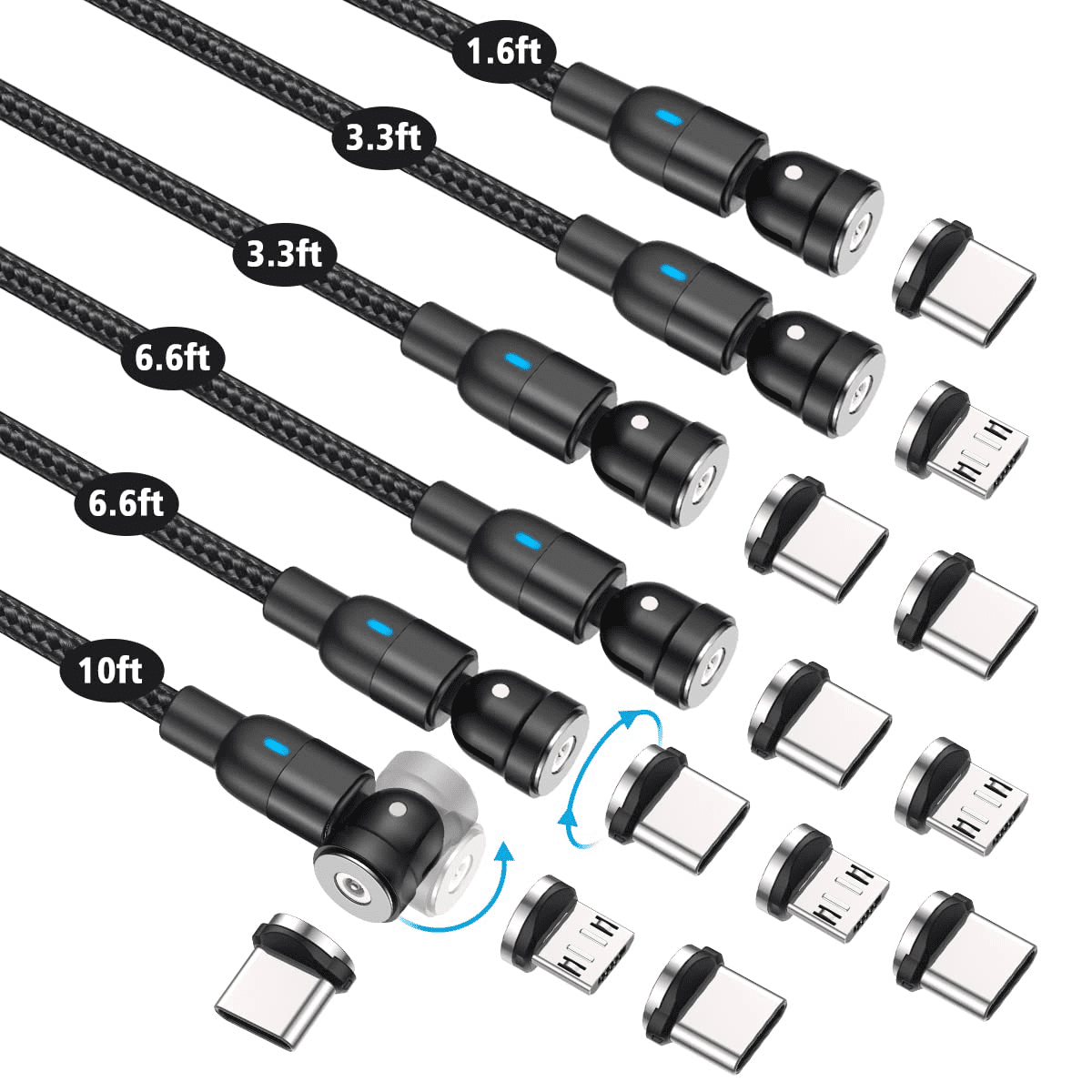360°&180° Rotation Magnetic Charging Cable[6-Pack, 1.6ft/3.3ft/3.3ft/6.6ft/6.6ft/10ft], Melonboy Magnetic Phone Charger, 3 in 1 Magnetic Cable Compatible with Micro USB, Type C - Black