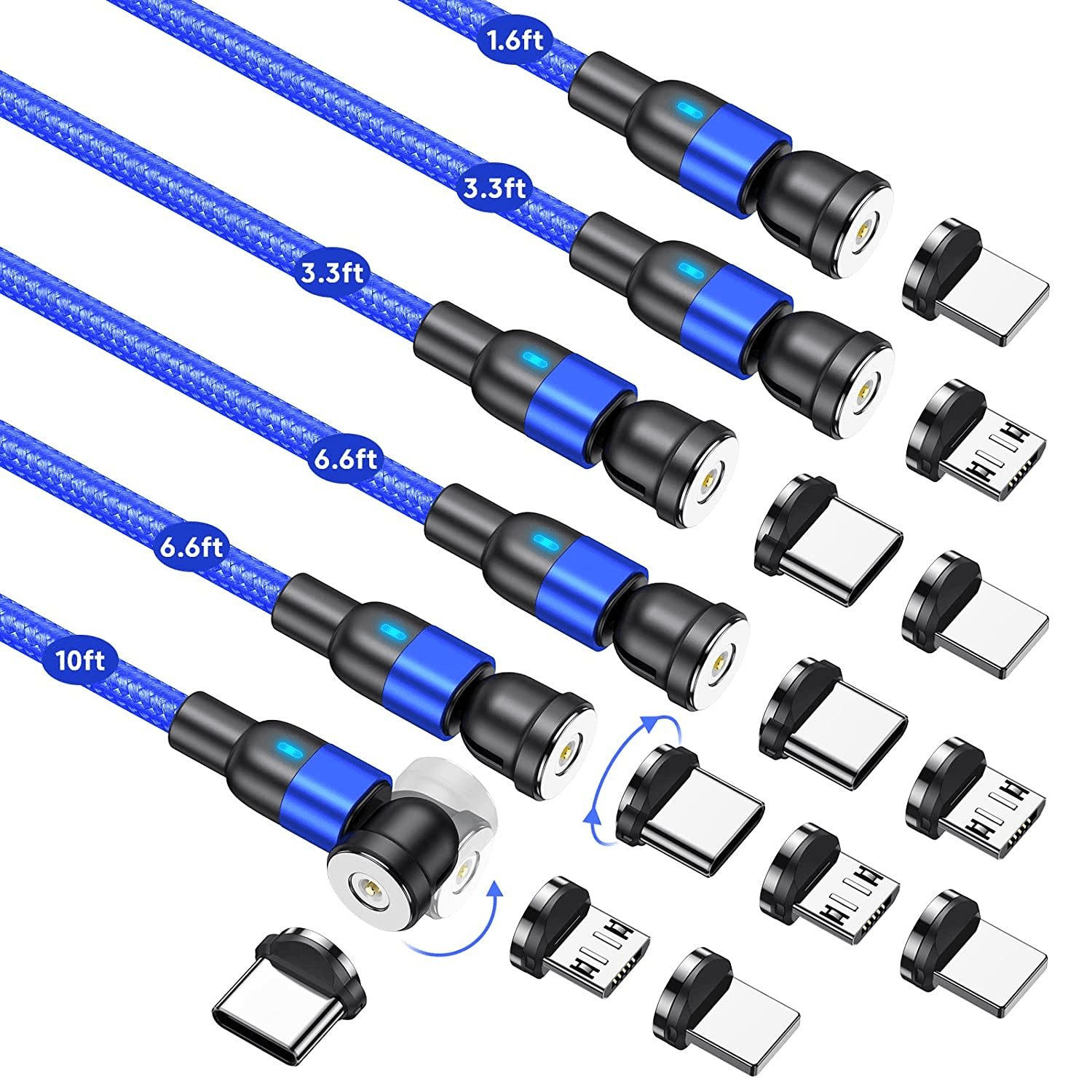 360°&180° Rotation Magnetic Charging Cable, Melonboy Magnetic Phone Charger, 3 in 1 Magnetic Cable Compatible with Micro USB, Type C [6-Pack, 1.6ft/3.3ft/3.3ft/6.6ft/6.6ft/10ft]