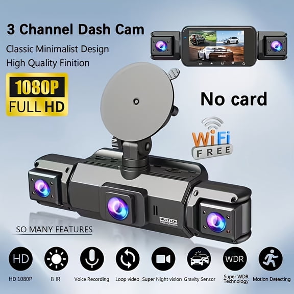 360° 3-Channel 1080P Dash Cam, Night Vision, Loop Recording, Parking Mode, WDR, G-Sensor, Optional 32GB Card