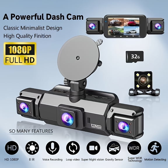 360° 3-Channel 1080P Dash Cam, Night Vision, Loop Recording, Parking Mode, WDR, G-Sensor, Optional 32GB Card
