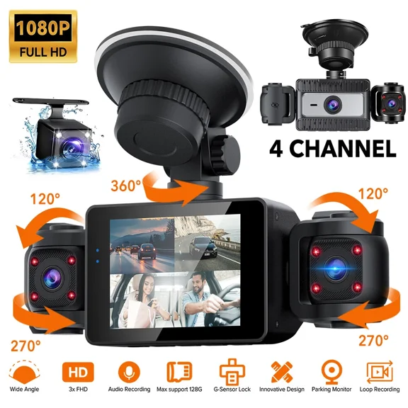 360 3 Channel Dash Cam Front Left Right, Dash Camera Night Vision+Rear Camera