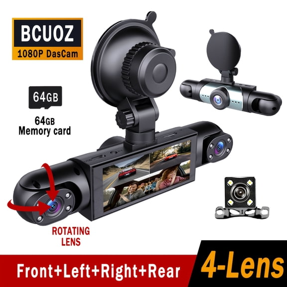 360° 4-Channel 1080P HD Car Dash Cam Set, Front 1080P & Rear/Side 720P Full Coverage, 4-Screen Display, Night Vision, WDR, G-Sensor, Loop Recording