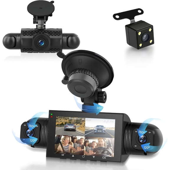 360 4 Channel Dash Cam 1080P Front+480P Rear Left Right, 3" IPS Display, 5G WiFi+App Control, Night Vision, G-Sensor, Loop Recording, Reverse Assistance, Motion Detection for All Vehicles