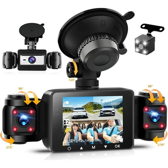 360 4 Channel Dash Cam FHD 1080P - Front Rear Left Right & Inside Recording, Night Vision, 24H Parking Mode, G-Sensor Loop Recording, 2.4inch IPS Screen Car Black Box Traffic Recorder