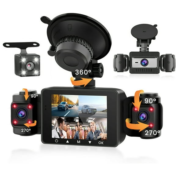 360 4 Channel Dash Cam Front and Rear Inside FHD 1080P Front Left Right and Rear Multi-Ch Dash Camera for Cars Black Box Trafflc Recorder Night Vision