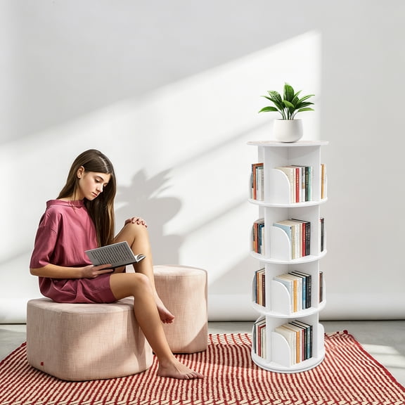 360 4-Tier Rotating Bookshelf White PVC 16 Compartments 132Lbs Heavy Duty Silent Swivel Storage Rack