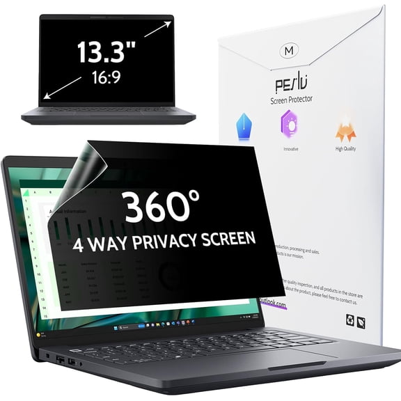 360 4 Way Laptop Privacy Screen for 13.3 Inch 16:9 Aspect Ratio Computer Monitor, Anti Glare Blue Light Spy Filter Private Cover, Bubble-Free Black Security Protector