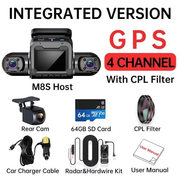 360 4CH GPS Dash Cam M8S 4*1080P For Car WiFi Video Recorder IR Night Vision Support 24H Parking Monitor(64GB Card)