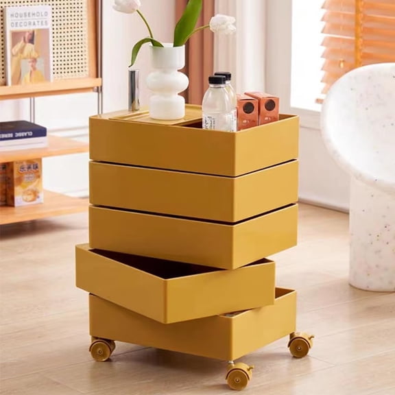360° 5-Tier Rotating Drawers End Table for Bedroom, Modern Bedside Furniture w/Wheels& Lock, Rotating Night Stand for Bedroom, Closet, Dorm, Living Room, Office, Yellow