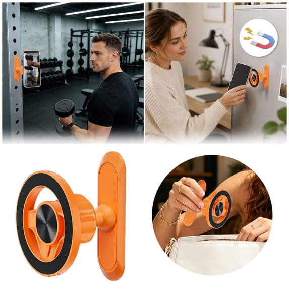 360° Adjustable Double-Sided Magnetic Phone Mount,Universal Multi-Surface Smooth Flat Surface Mobile Stand For Gym Home Office Auto(Orange)