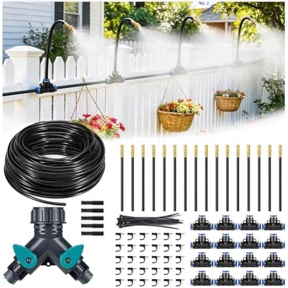 360? Adjustable Drip Irrigation System 100FT, 1/4" Tubing with Adjustable Copper Nozzles, Automatic Atomizing Watering Kit for Garden, Yard, Lawn, Greenhouse & Potted
