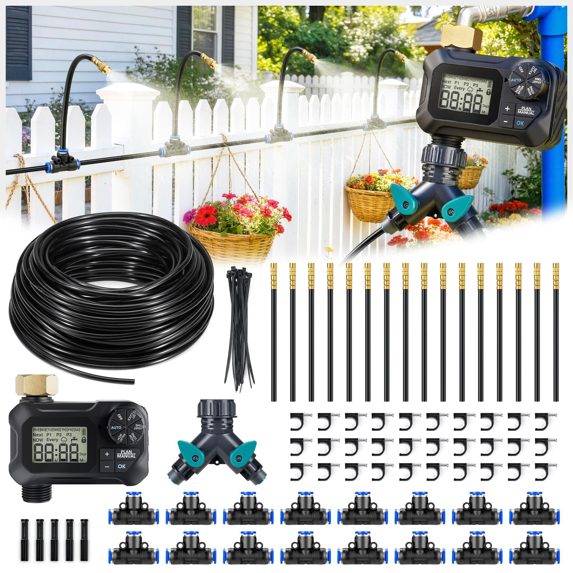 360° Adjustable Drip Irrigation System 100ft With Timer  1/4" Tubing And Copper Nozzles Automatic Atomizing Watering Kit For Garden Yard Lawn Greenhouse & Potted Plants