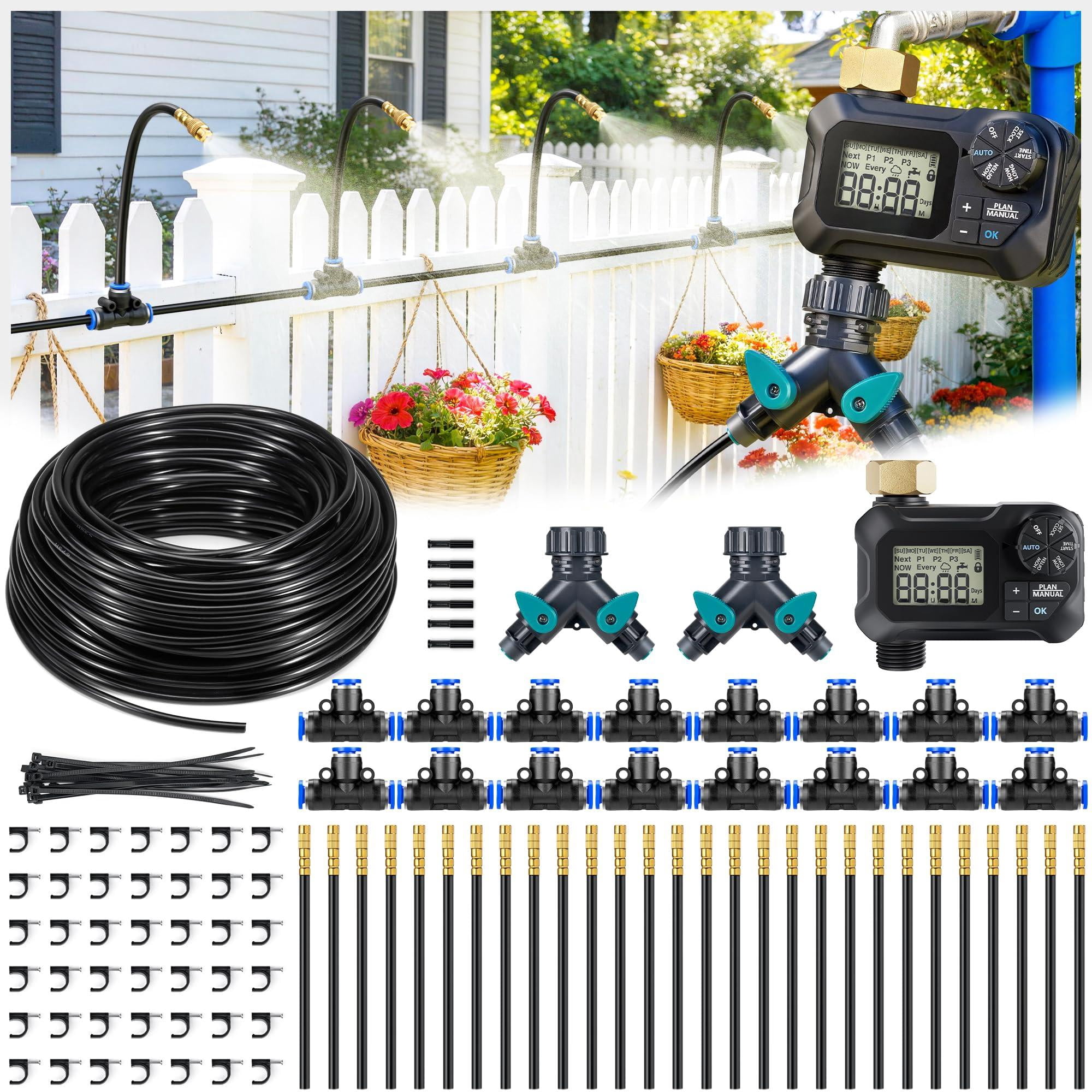 360° Adjustable Drip Irrigation System 164ft With Timer  1/4" Tubing And Copper Nozzles Automatic Atomizing Watering Kit For Garden Yard Lawn Greenhouse & Potted Plants