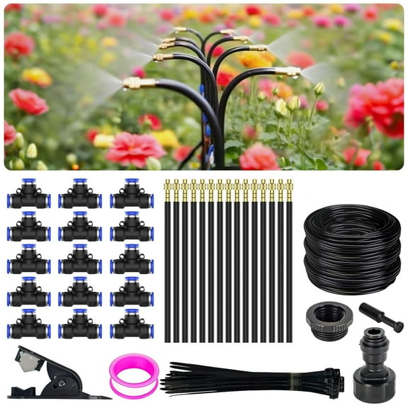 360 Adjustable Drip Irrigation System - Garden Watering System 50FT with 15 Nozzles, Drip Irrigation Kit for Garden, Yard, Lawn, Greenhouse, Plants, 5/16 inch Hose