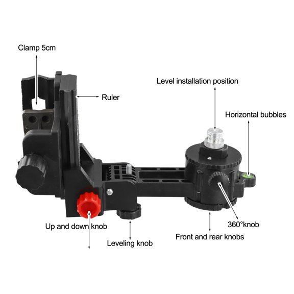 360° Adjustable Fine Tuning Level Bracket Adapter with Multifunction Head and Back Clamps for Precise Positioning on Telescopic Rod or Steel Pipe, ABS and Iron Construction, Black(A)