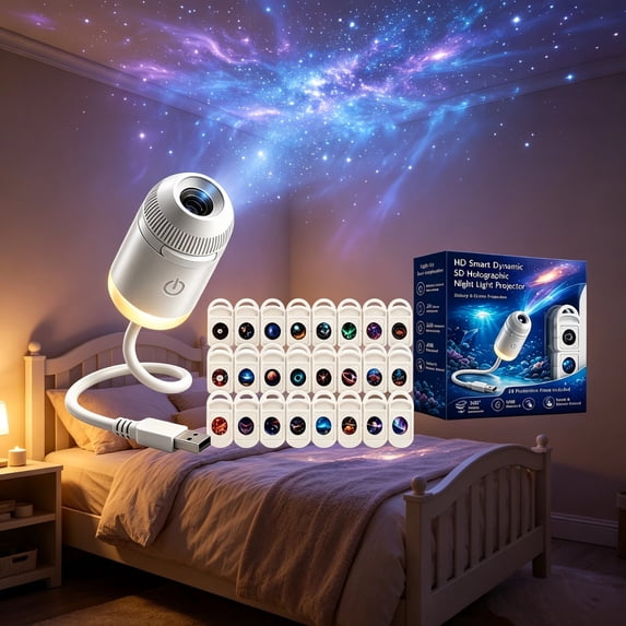 360° Adjustable Plug-and-Play HD Star Projector, 2 In 1 Galaxy Projector Night Light for Bedroom Ceiling Wall Room Party Decor (24 Projection Films)