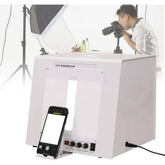 360Auto-Rotating Shooting Equipment, 4 LEDs Photography Light Box,Adjustable Color Temperature Lighting Booth, with 5 Color Backdrops, Phone Tripod Holder