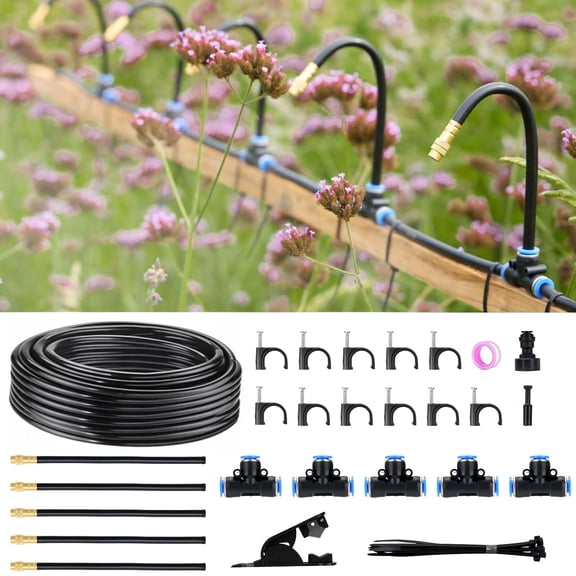 360 Automatic Drip Irrigation Kit - 5/16'' Tubing, Adjustable Universal Spray Nozzle, Copper Atomizing System for Garden/Lawn/Greenhouse Multi-Directional Rotation, Quick Connectors, 16FT