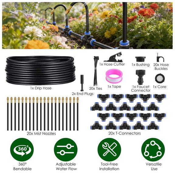 360    Bendable Drip Irrigation System with 49FT 5/8' Tubing Hose 5/16' Faucet Connector Automatic Watering Misting Kit For Garden Greenhouse Yard Lawn