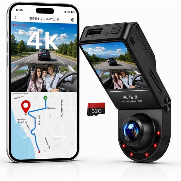 360? Cam Front and Inside 4K+2.5K, 2 Dashcam for | 185? Cabin Fisheye Camera with Night Vision, WiFi APP, GPS, G-Sensor, Parking Mode and 32GB Card Included