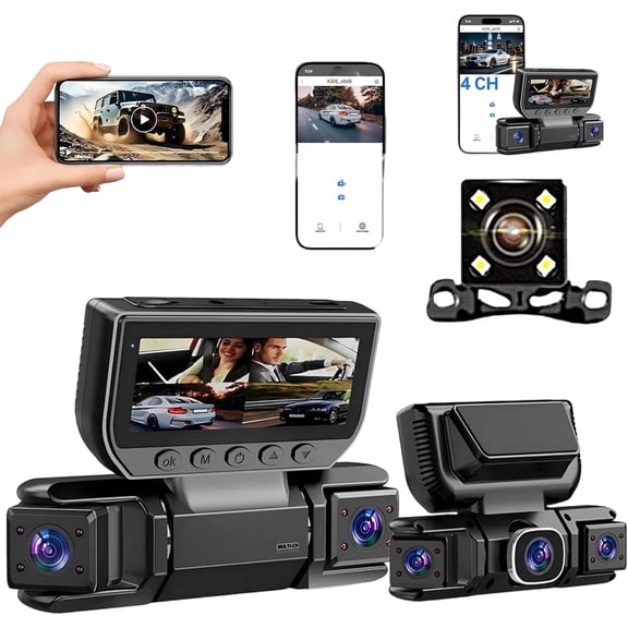 360° Car DVR WiFi 4 Channels Dash Cam Video Recorder, 24H Parking Monitoring, 170° Wide Angle Night Vision, Loop Recording, Reversing Display & Collision Detection.