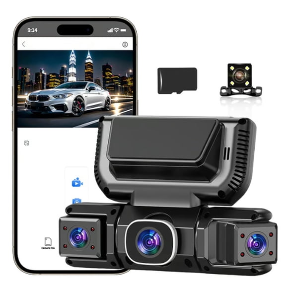360 Car DVR WiFi 4Channels Dash Cam Video Recorder, with 32GB Card, 4 * 1080P Dash Camera for Cars Front and Rear Left Right, with 360 Surveillance APP Control (Three Lenses + WiFi)