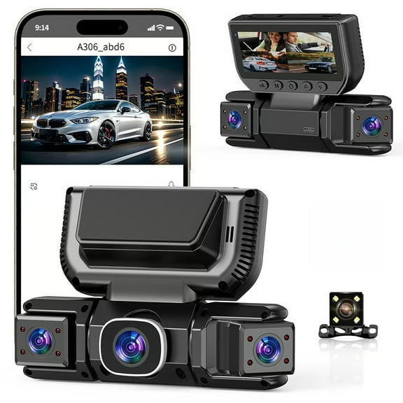360 Car Dvr WiFi 4channels Dash Cam Video Recorder, 360 View Dash Cam 4 Channel Dashs Cam, Front Rear and Inside with 5ghz WiFi & App Control, Loop Recording, Night Vision(WiFi + No card)