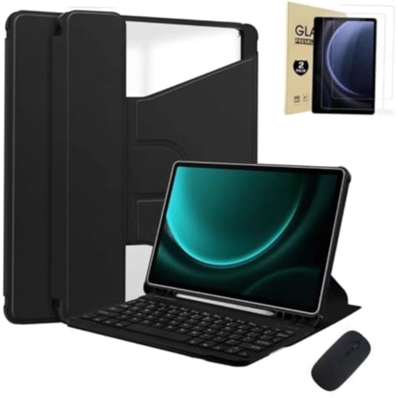 360° Clear Rotatable Case + Rechargeable Keyboard & Mouse + 2 Screen Protectors for Lenovo 11” Tablets (M11 / Idea Tab 11 / K11 LTE),Black