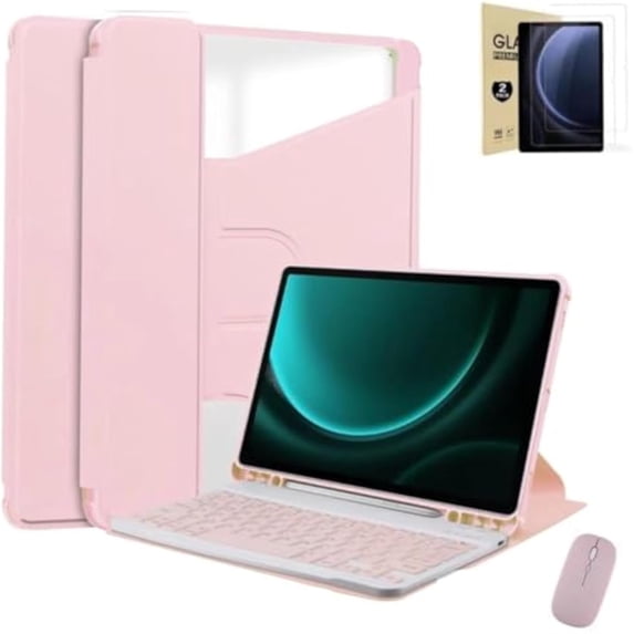 360° Clear Rotatable Case + Rechargeable Keyboard & Mouse + 2 Screen Protectors for Lenovo 11” Tablets (M11 / Idea Tab 11 / K11 LTE),Pink