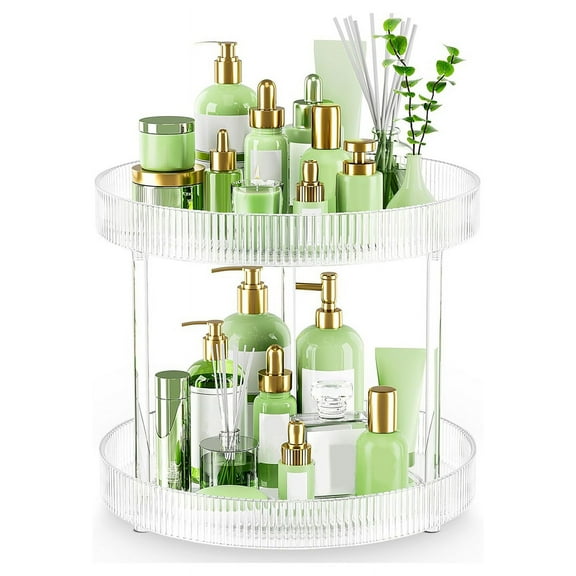 360° Clear Rotating Storage Tray, 2 Tier Lazy Bathroom Countertop Organizer, Cosmetics and Perfume Organizer