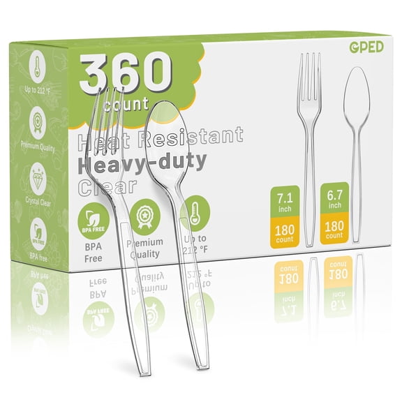 GPED 360 Count Clear Plastic Forks and Spoons, Heavy Duty Disposable Cutlery Set, 180 Forks, 180 Spoons, Heat Resistant & BPA Free Disposable Silverware Set, Clear Utensils for Party Supply