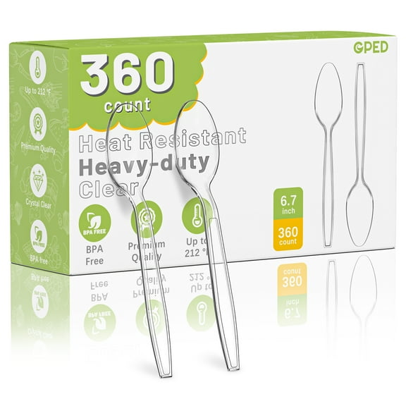 GPED 360 Count Clear Plastic Spoons, 6.8" Extra Heavy Duty Disposable Spoons, Heat Resistant & BPA Free Disposable Silverware, Clear Spoons for Party Supply