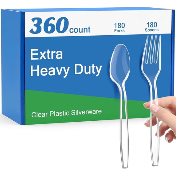 360 Count Extra Heavy Duty Clear Plastic Forks and Spoons, 180 Forks & 180 Spoons, Heat Resistant, Disposable Plastic Silverware Set