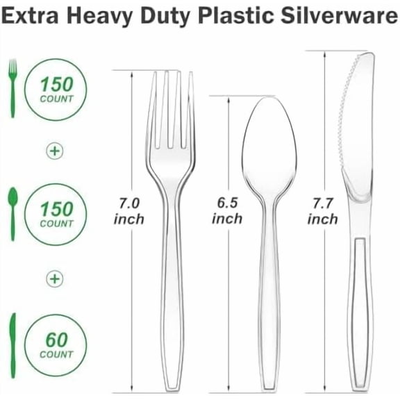 360 Count Extra Heavy Duty Clear Plastic Silverware, 150 Forks, 150 Spoons, 60 Knives, BPA-Free, Heat Resistant, Disposable Plastic Utensils Set, Plastic Cutlery Set, Plasticware Bulk