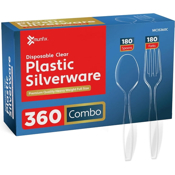 360 Count Extra Heavy Duty Clear Plastic Silverware, 180 Forks, 180 Spoons, BPA Free Disposable Cutlery Set, Premium Bulk Utensils Plasticware for Party Supplies