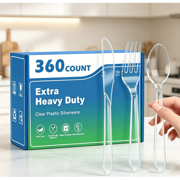 360 Count Extra Heavy Duty Plastic Silverware, BPA-Free, Heat Resistant, Disposable Clear Plastic Utensils Set, Plastic Cutlery Set, Plasticware Bulk for Parties, Events and Everyday Use