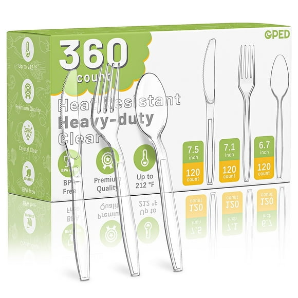 GPED 360 Count Plastic Silverware Set, Heavy Duty Disposable Cutlery Set, 120 Forks, 120 Spoons, 120 Knives, Heat Resistant & BPA Free Disposable Silverware, Clear Utensils for Party Supply