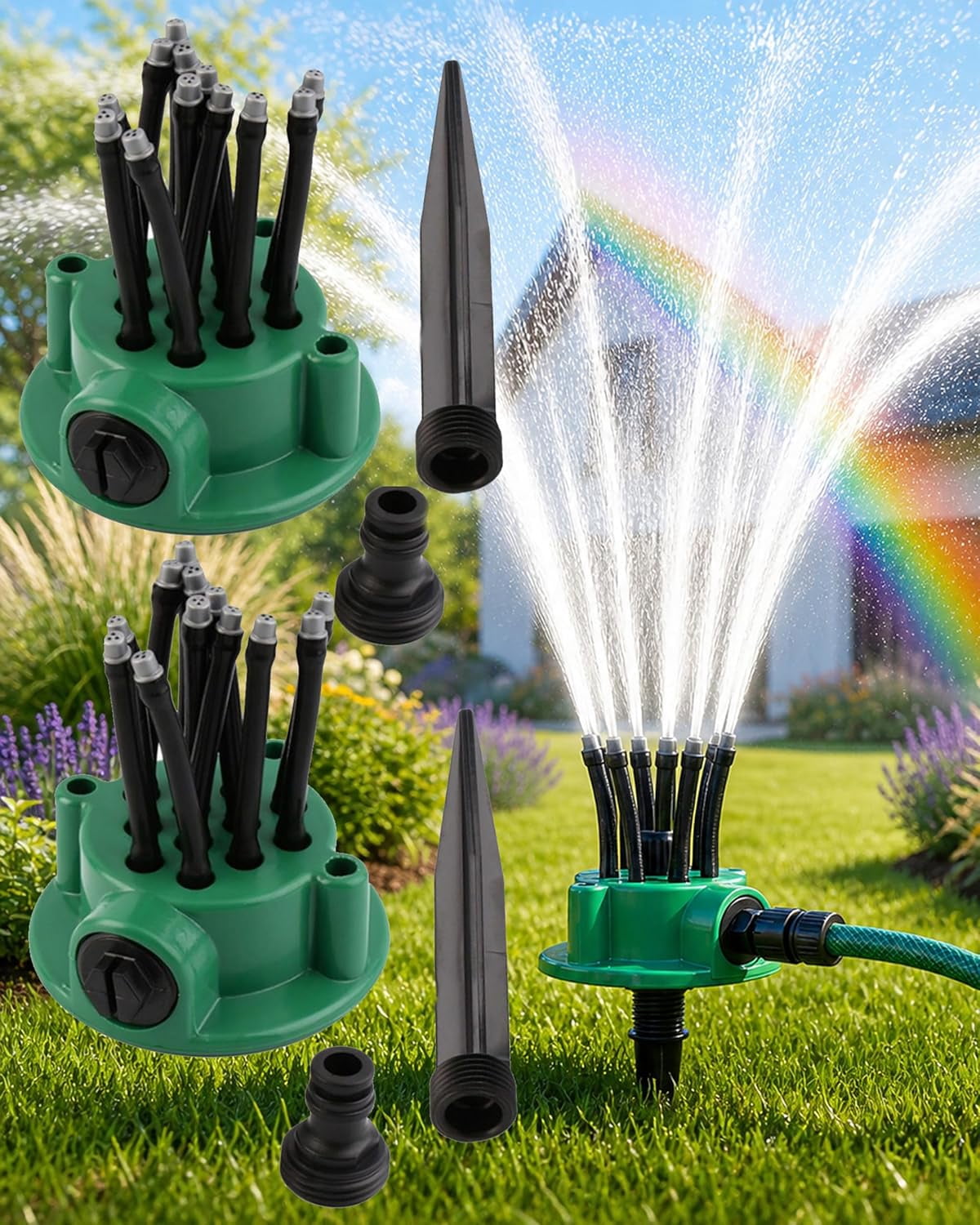 360° Coverage Lawn & Garden Irrigation Sprinkler, 12 Flexible Spray Nozzles for Targeted Watering, Adjustable Lawn Sprinkler with Durable Ground Spike, DIY Irrigation Kit for Yard Flower Bed (2Sets)
