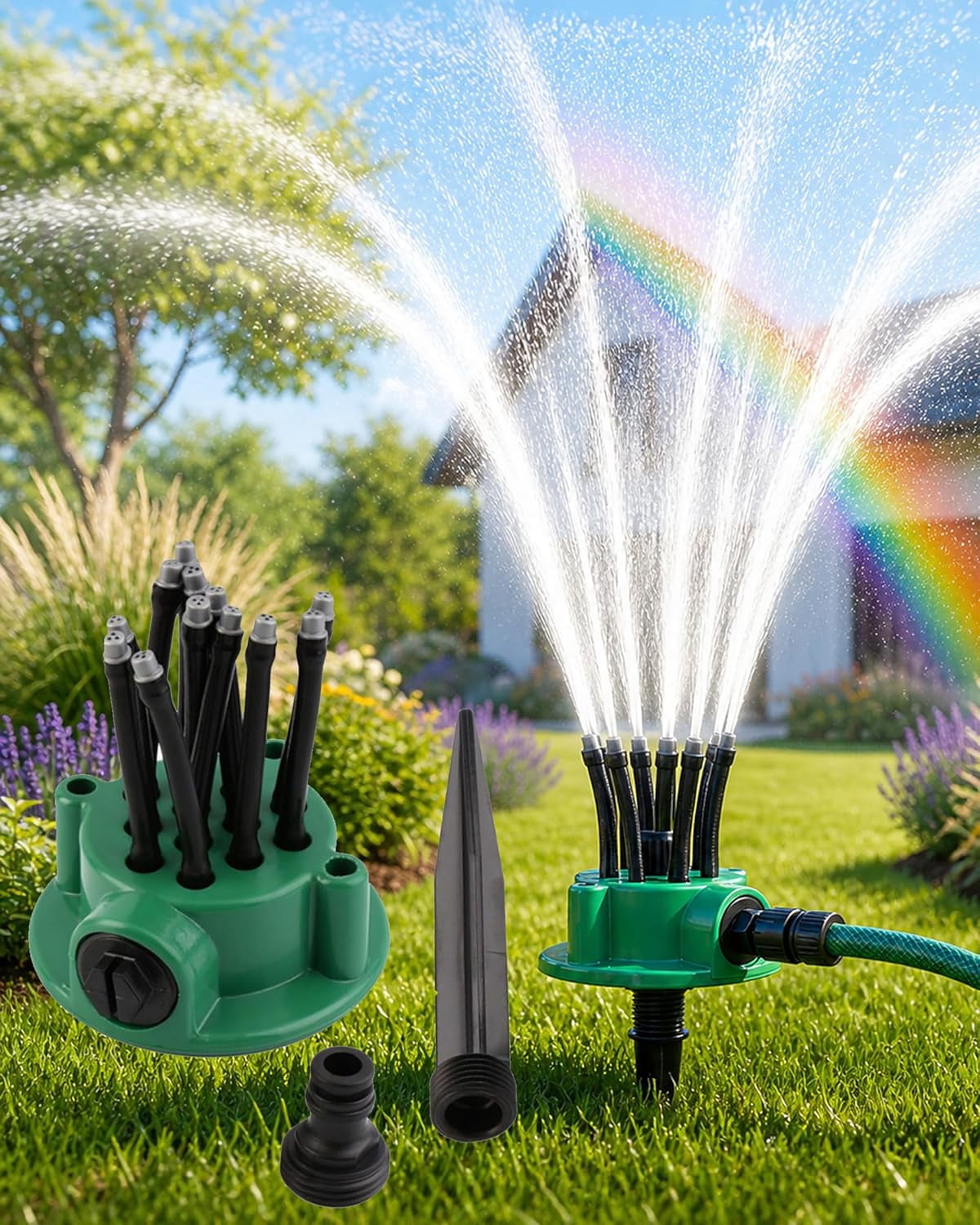 360° Coverage Lawn & Garden Irrigation Sprinkler, 12 Flexible Spray Nozzles for Targeted Watering, Adjustable Lawn Sprinkler with Durable Ground Spike, DIY Irrigation Kit for Yard Flower Bed (1Set)