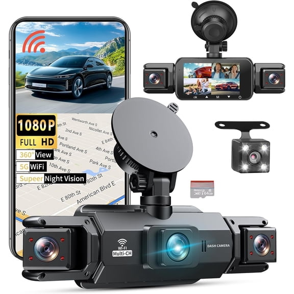 360?  Cam 4  5G WiFi & APP Control, Free 64GB Card,   FHD Front and Rear Inside, Left Right  Camera for , G-Sensor, Loop Recording, 24H Parking Mode