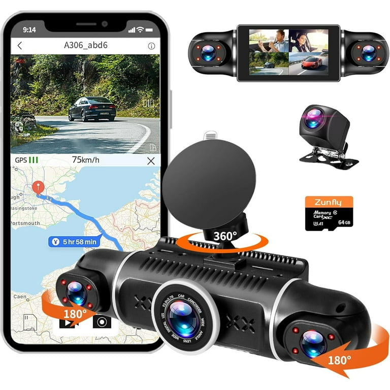 360° DVR WiFi HD Dash Cam Front &amp; Rear Inside, 4 Channels FHD 