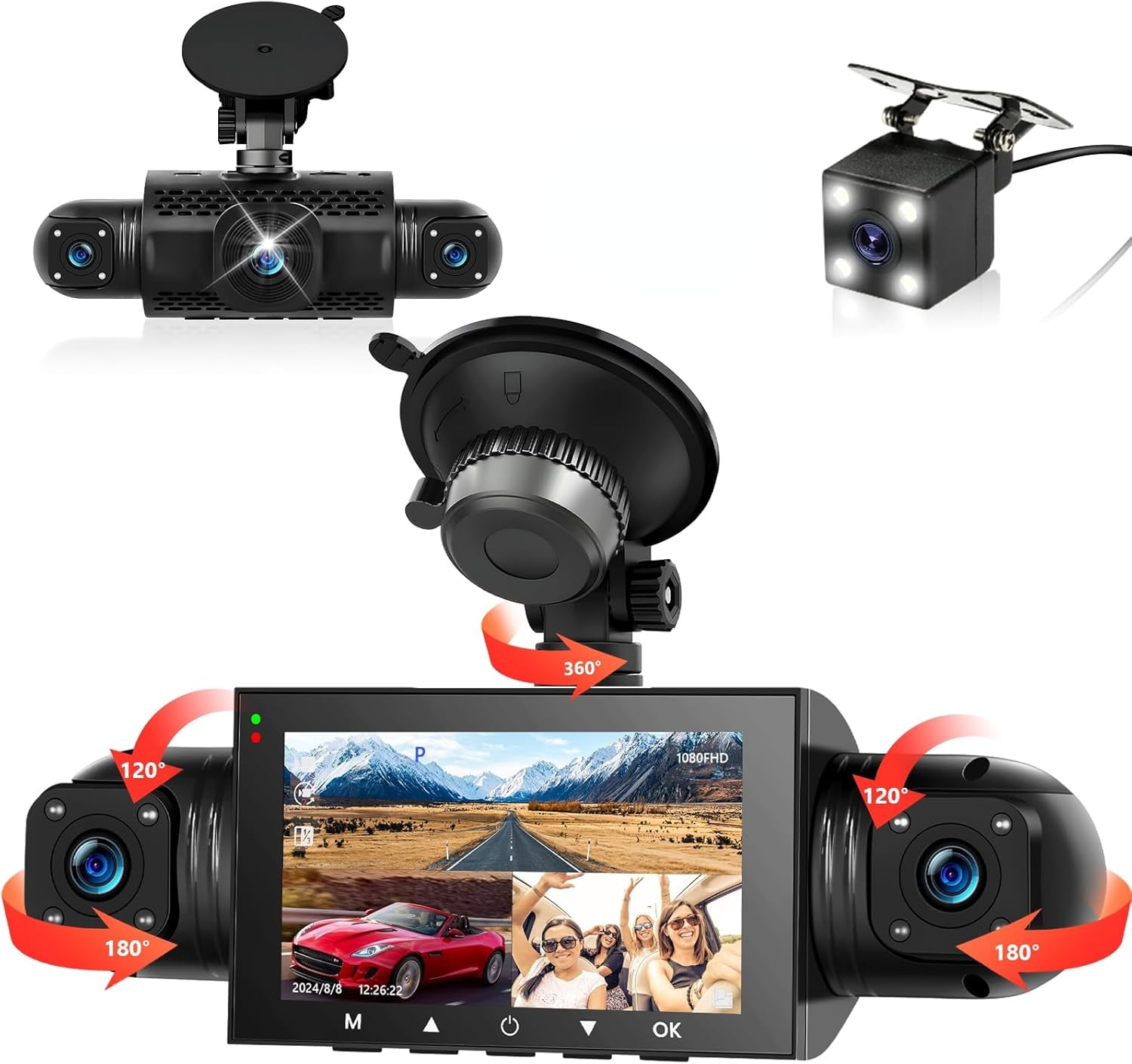 360° Dash Cam Front and Rear Inside,4 Channel 3" IPS Touchscreen Dash Cam Front and Rear Inside Left Right,4*1080P Dash Camera with 8 IR Night Vision,Loop Recording,G-Sensor,24 Hours Recording