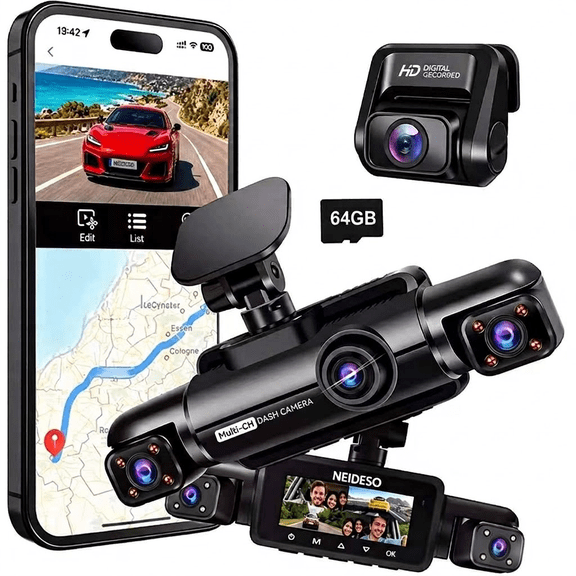 Neideso 4 Channel Dash Cam, 360 Front and Rear Inside Car Dash Camera, Free 64GB Card, 2.4G WiFi, GPS, Super Night Vision , Voice Control, G-Sensor, 24H Parking Mode