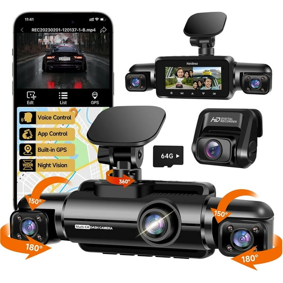 360 Dash Cam Front and Rear Inside, 4 Channel FHD 4 * 1080P, Wi-Fi GPS Voice Control Car Camera, Front 2K+1080P*2 Dash Camera for Cars, with 64GB SD Card, Night Vision, 24H Parking Mode(N300)