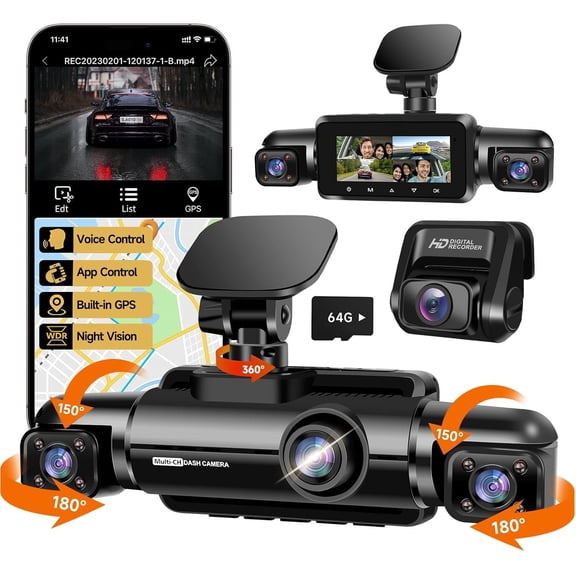 360? Dash Cam Front and Rear Inside, 4  FHD 4 * 1080P,  GPS Voice Control  Camera, Front +1080P*2 Dash Camera for , with 64GB SD Card, Night Vision, 24H Parking Mode(N300)