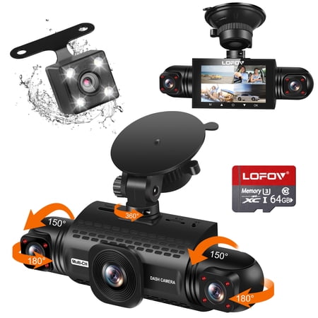360° Dash Cam Front and Rear Inside,LOFOV 4 Channel Camera FHD 1080P,Front Left Right and Rear,Free 64GB SD Card,Multi-Ch Dash Camera for Cars,Black Box Trafflc Recorder,Night Vision,24H Parking Mode