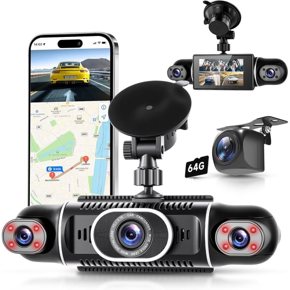 360? Dash Cam Front/Rear/Inside/Side 4- Dash Camera FHD +1080Px3 Dash Cam with WiFi, APP Control, 64GB SD Card Included, 8 IR Night Vision, G-Sensor, 24/7 Parking Mode