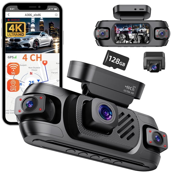 360° Dash Cam Front and Rear View 4 Channel Dash Camera 2K+1080Px3 for Car, Inside/Back 170°+2x150°+170° Wide Angle, 8 IR Lamps Night Vision,WiFi,GPS, APP,G-Sensor with 64GB Card,24/7 Parking Mode